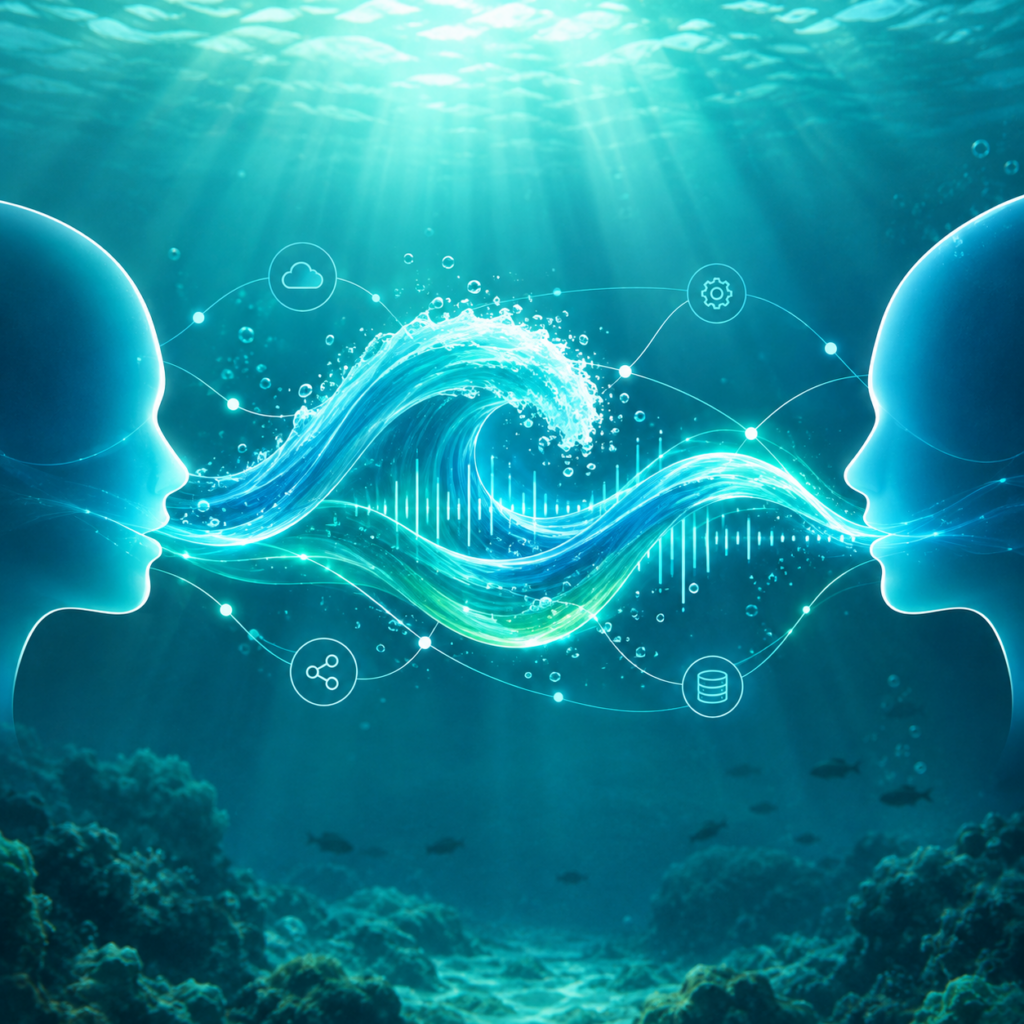 Illustration of a full-duplex voice AI wave between two speakers
