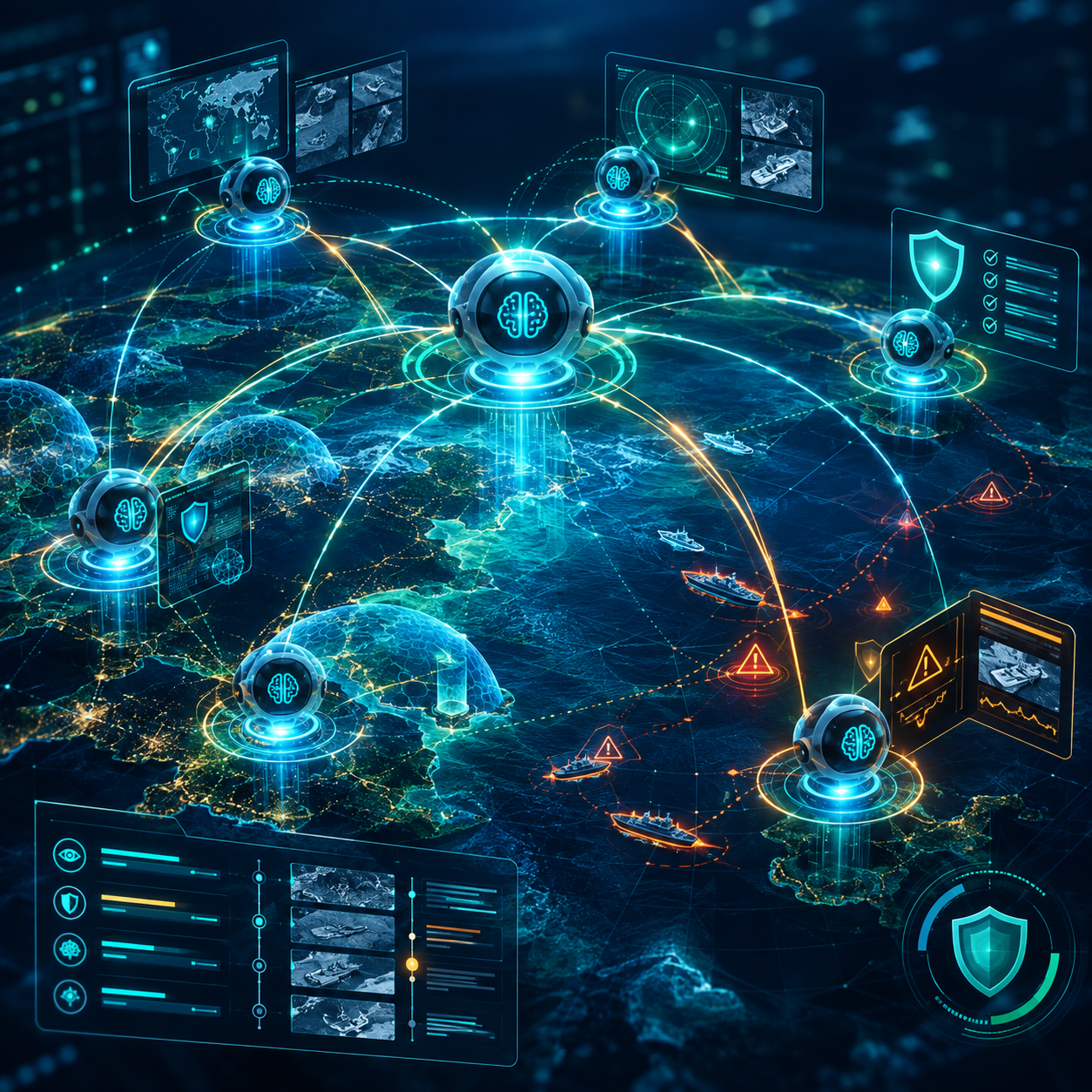 Illustration of AI agents coordinating cyber threat operations and defense