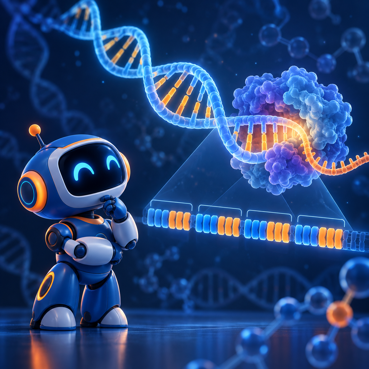 Minh họa Noto AI quan sát cấu trúc DNA và enzyme trong hệ enzyme mới ART
